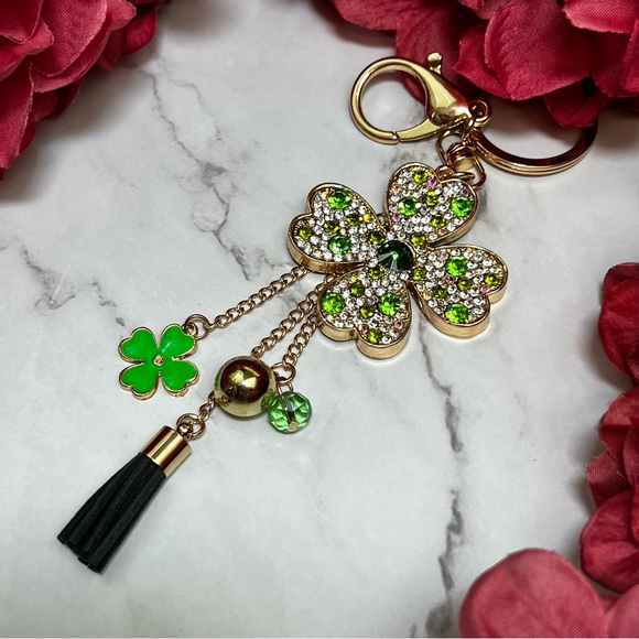 Green & Silver Crystal Four Leaf Clover Keychain with Tassel Charms - Picture 13 of 16
